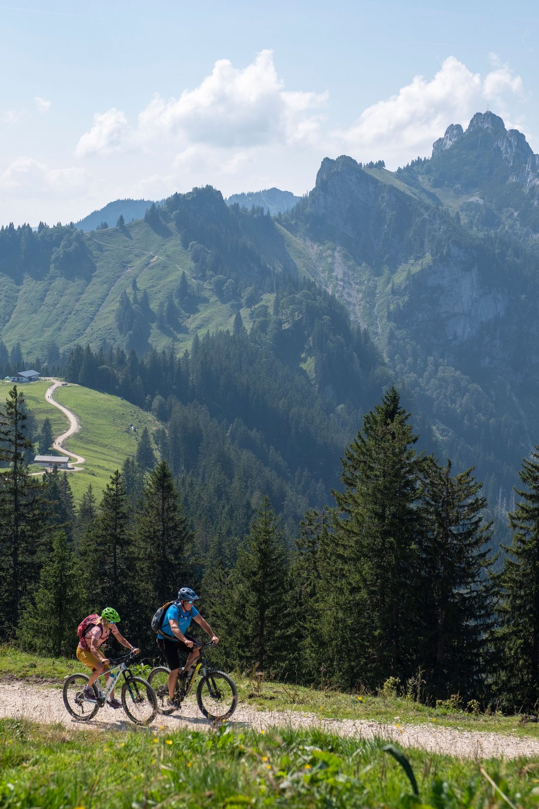 Mountain bikers on the Hochplatte with a view of the Kampenwand