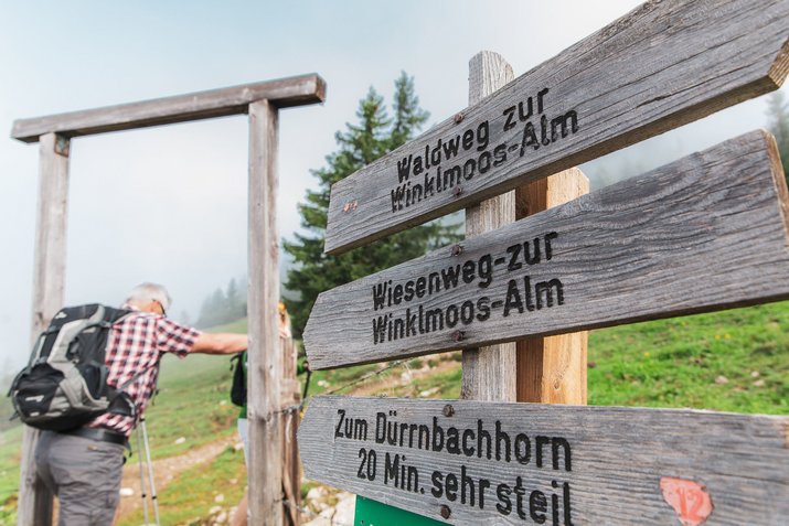 Mann vor Holzwegweiser im Wandergebiet Winklmoos-Alm