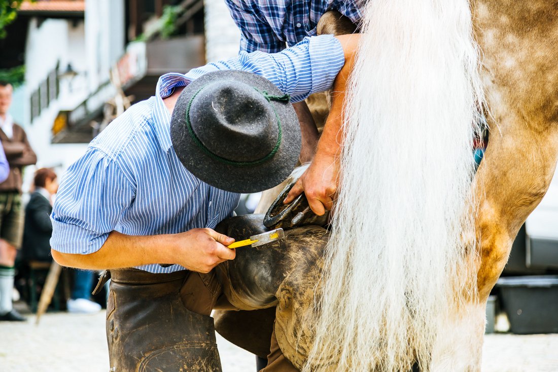 Mann beschlägt einen Pferdehuf bei der Pfingstroas in Inzell