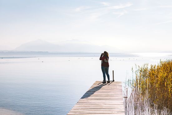 Beobachterin am Steg in Chieming am Chiemsee