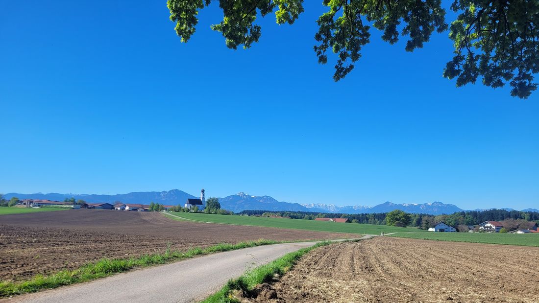 Blick auf die Chiemgauer Alpen und die Nußdorfer Kirche