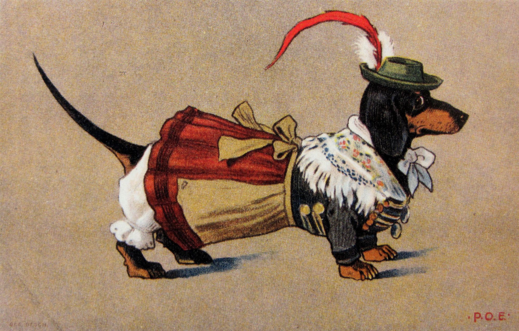 Paul Otto Engelhard „Dackel in Tracht“ um 1905, Verlag Ottmar Zieher