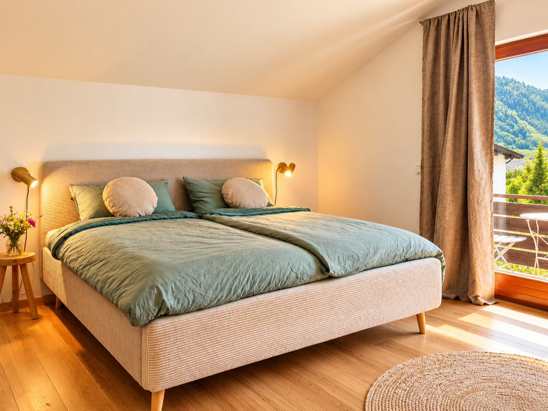 Schlafzimmer mit Doppelbett und Balkon